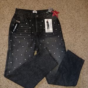 Simple Society Women's Black Super High Rise Rhinestone Studded Button Fly Jeans